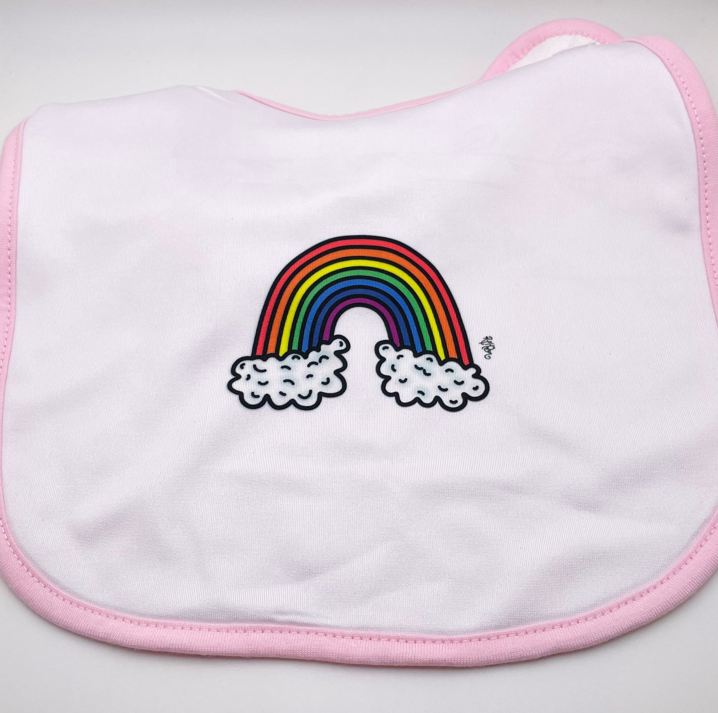 Pink Trim Rainbow Baby Bib