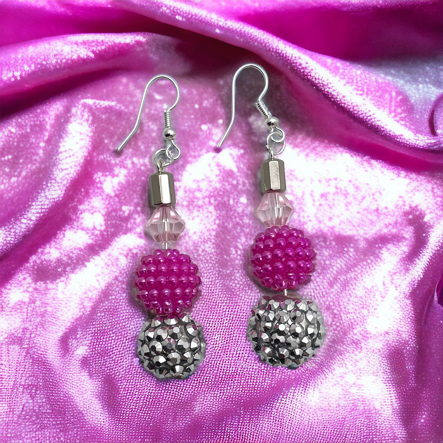 Pink and Silver Disco Ball Earrings