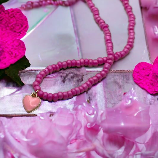 Pink Beaded Heart Choker Necklace