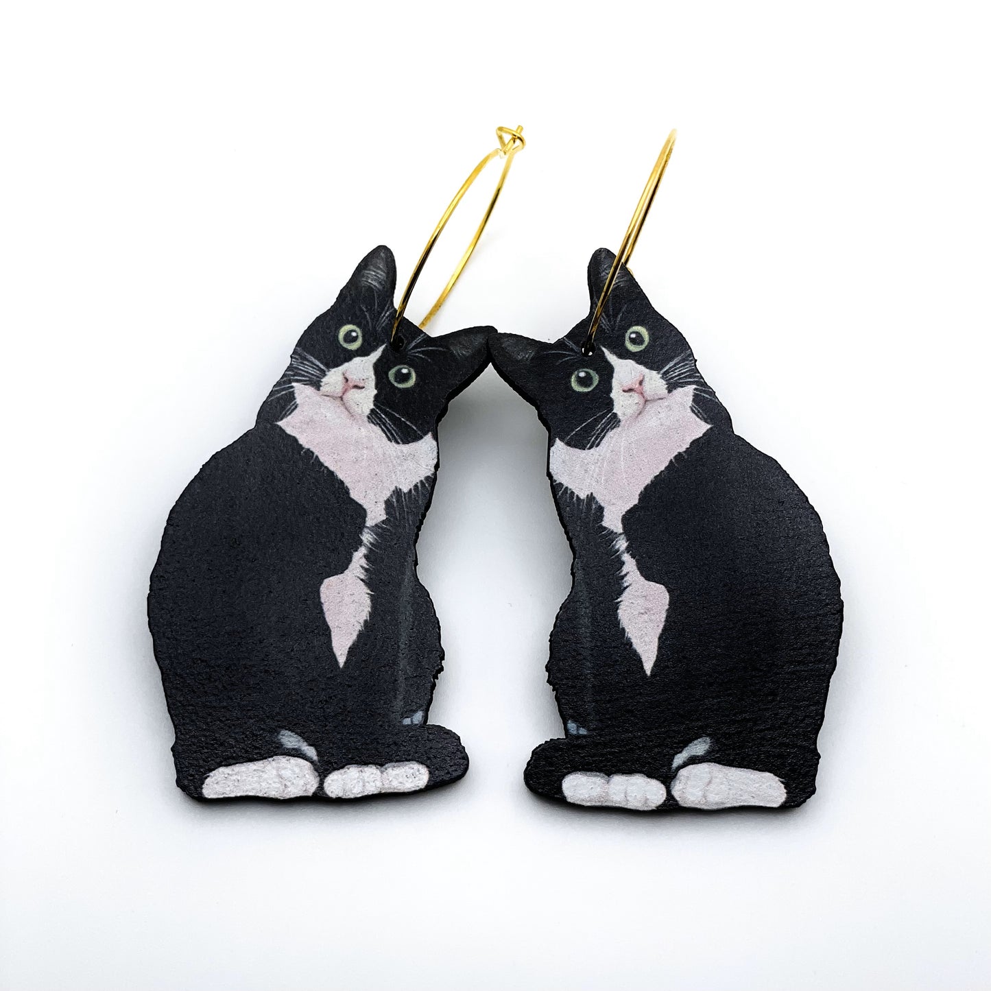 Black and White Kitty Charm Hoop Earrings
