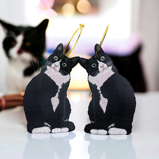 Black and White Kitty Charm Hoop Earrings