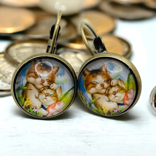 Round Cabouchon Copper Kitty Earrings