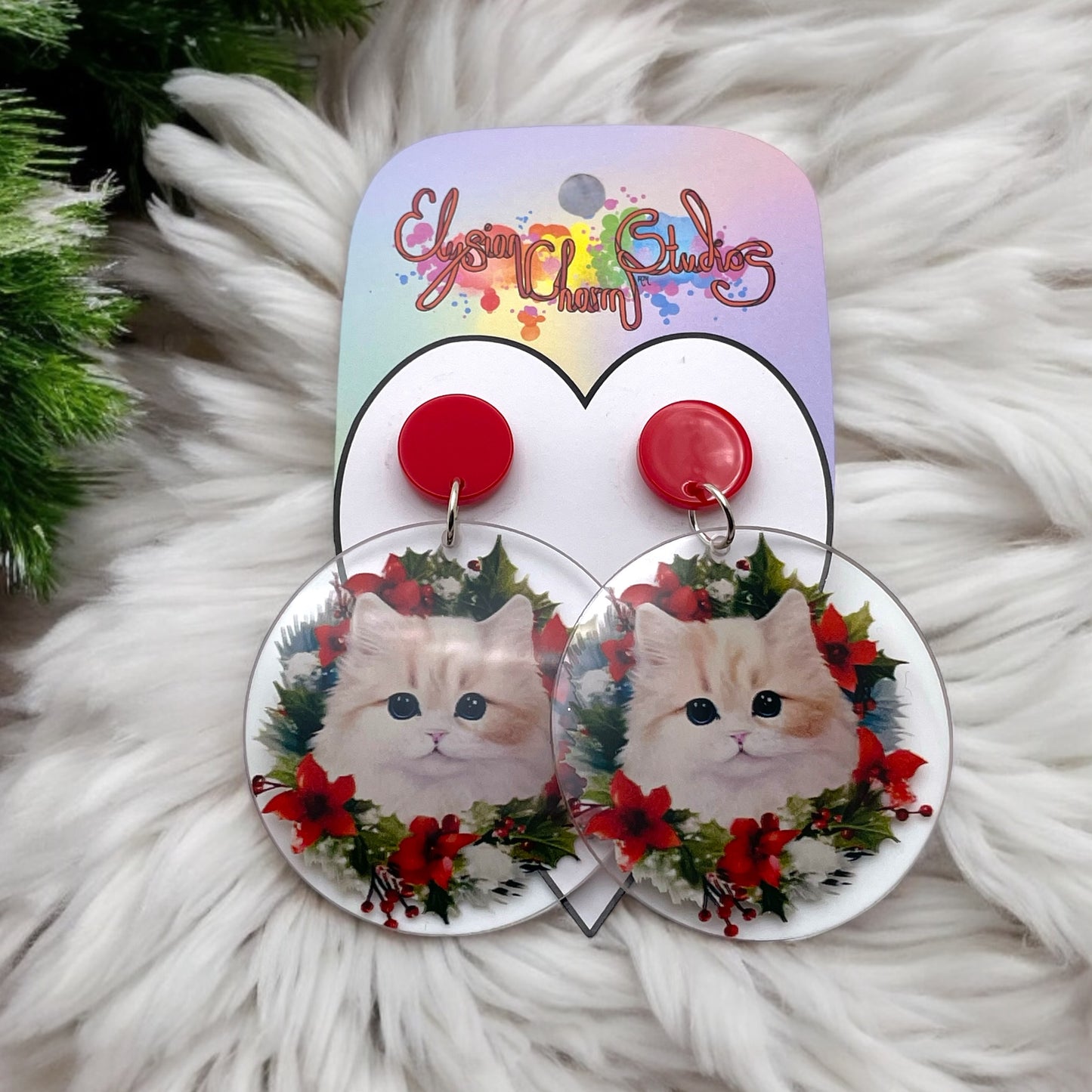 Christmas Wreath Cat Earrings