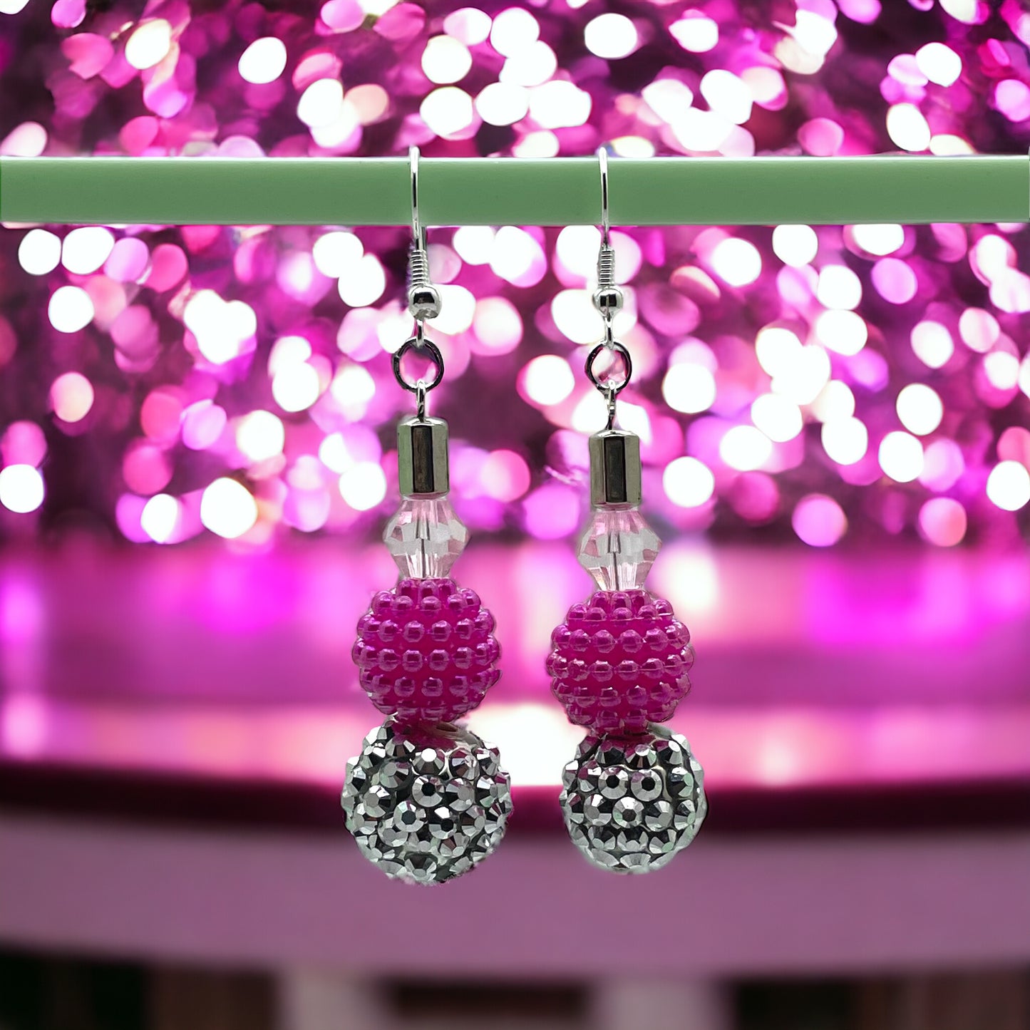 Pink and Silver Disco Ball Earrings