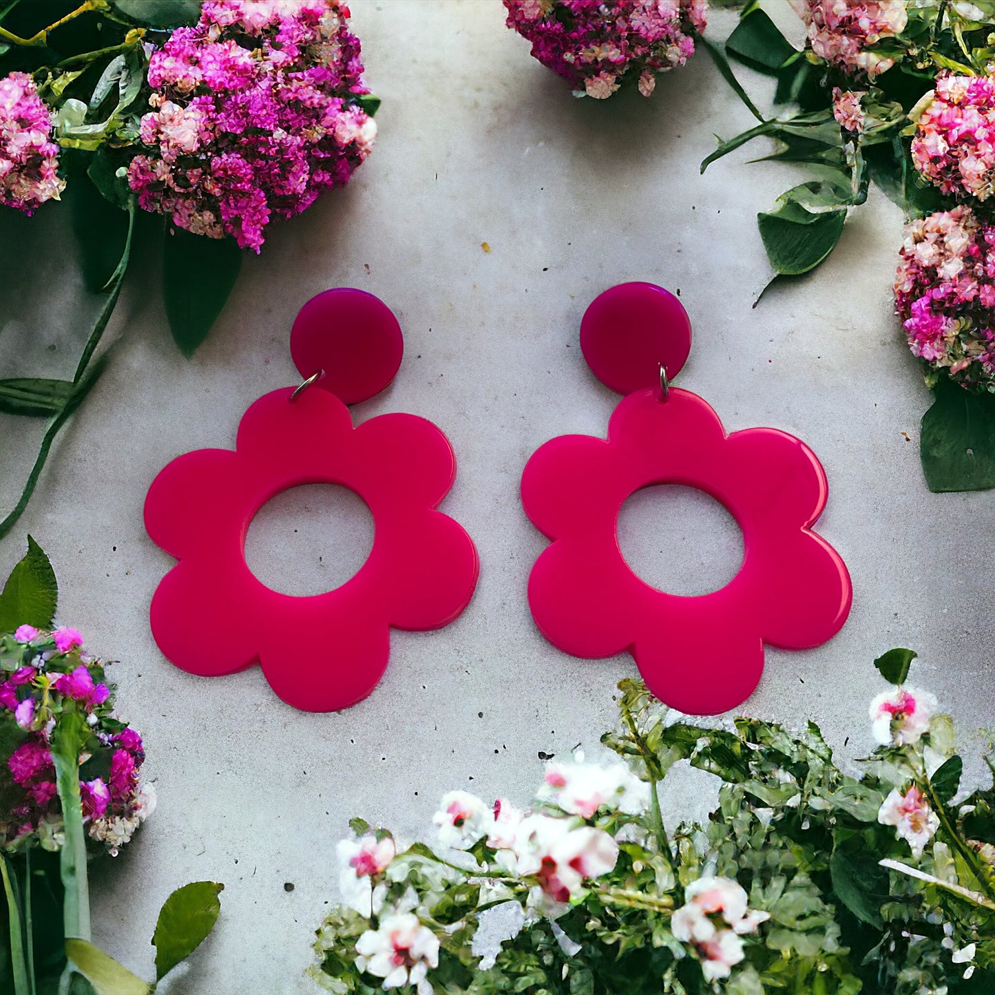 Hot Pink Retro Flower Earrings